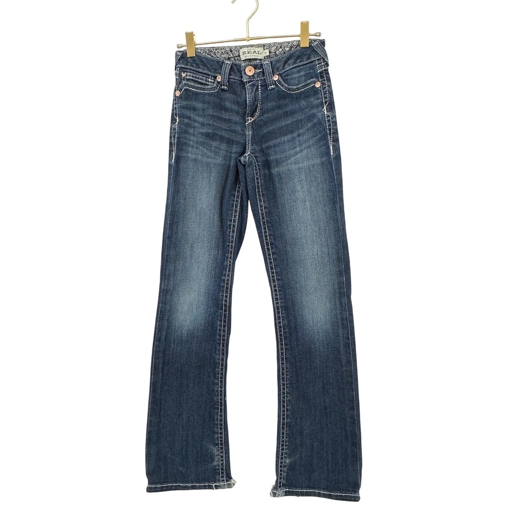 Ariat REAL Bootcut Jeans Kids Size 14 Blue Dark Wash Contrast Stitching - Picture 2 of 16